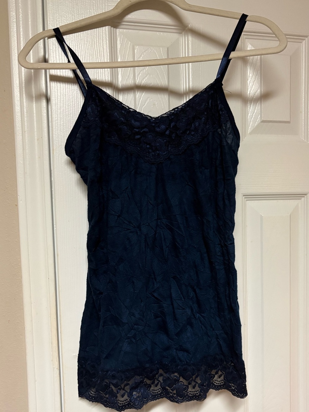 Dressbarn Navy Blue Crinkle Lace Trim Cami Camisole Tank Top M